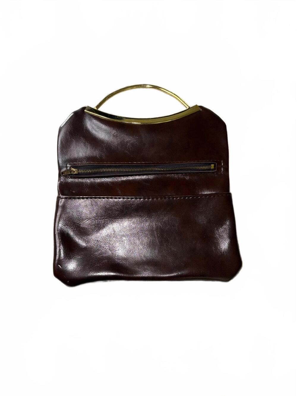 Vintage Brown Leather Clutch Purse with Gold Handle, Approximately 9 Inches Wide
